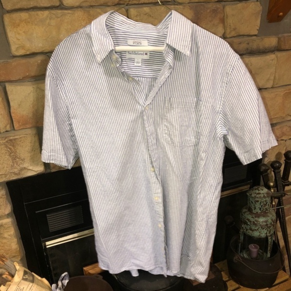 SADDLEBRED SIZE LARGE BLUE AND WHITE STRIPED SHIRT WITH POCKET COMFORT FLEX